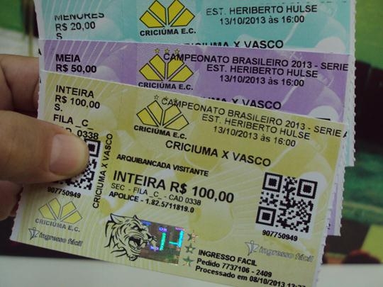 Valor dos ingressos para Criciúma e Vasco